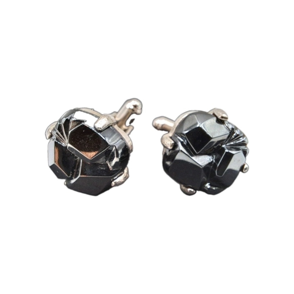 Vintage Signed Sarah Coventry Cufflinks Charcoal Hematite Nugget Silver Tone